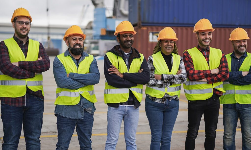 Group of happy dockworker standing in a line - Container in background